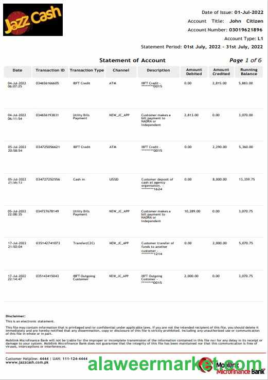 India Jazz Cash bank statement template, Word and PDF format, 6 pages